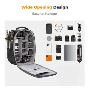 نمای داخلی کوله‌پشتی دوربین کی اند اف کانسپت مدل Nature Wander 10 به همراه تجهیزات مختلف