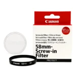 جعبه، محفظه طلقی و فیلتر لنز UV سایز 58 میلی‌متری Canon